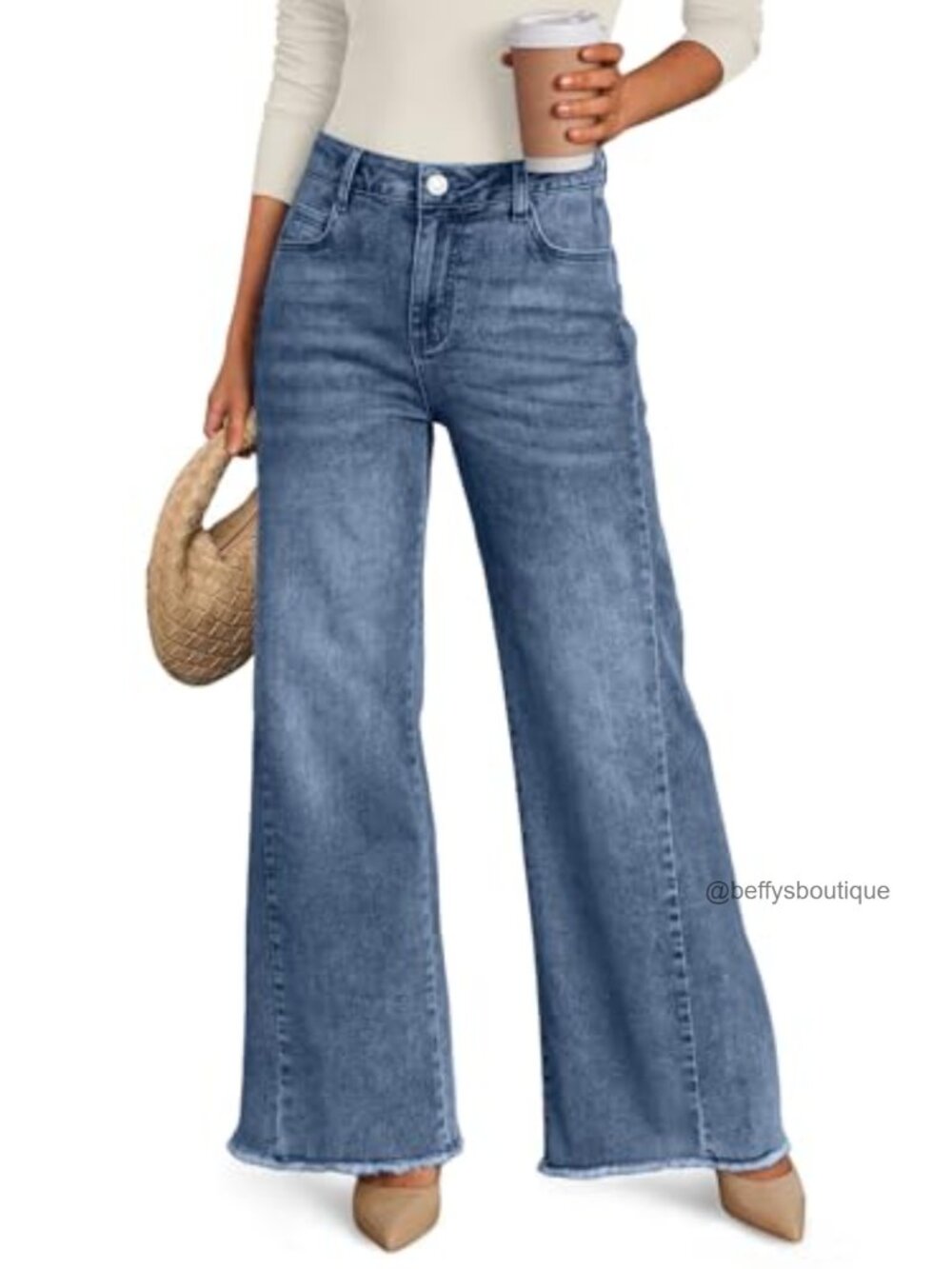 Wide Leg Jeans Relaxed Loose Raw Hem Mid Rise Button Fly
